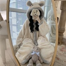 입는담요 실내용 코랄 극세사 후드 곰돌이 기장 긴 롱 기모담요