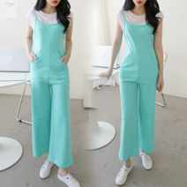 NewCare 여성 끈 점프수트 여름 와이드 포켓면바지 멜빵 캐주얼룩