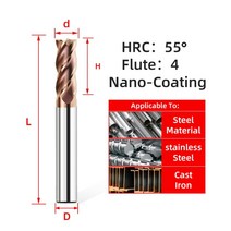 Tooleye HRC55 CNC 카바이드 엔드 밀 4 플루트 금속 용 기계 커터 공구 3 5 6 8 12 생크 텅스텐 스틸 플랫 밀링, [06] d3xD4x50L, [01] 1pc HRC55 4F