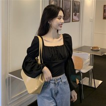 프렌치 쇼트 봄 리본 벌룬 블라우스 여성 쇼트 상의