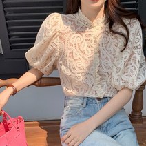 스탠드 카라 레이스 자수 퍼프 숄더 블라우스 A38307