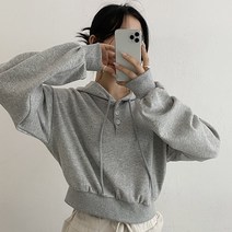 스윗라떼 꾸안꾸 단추 크롭 벌룬 후드 맨투맨 4color