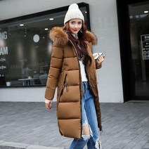 역시즌롱패딩 경량 구스 겨울패딩 큰칼라 후드 패딩 코튼 슬림 롱 코트 여성용 솔리드 다운 파카 두꺼운