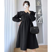 가을 여성 카키 루즈핏 긴팔 임부복 블랙 브이넥 빅사이즈 미디엄 쉬폰 원피스