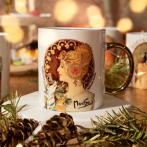 알폰스무하 선물용 머그컵 시리즈 (8종 중 택1) 예쁜 감성 머그잔 380ml 명화 골드 커피잔 골드링 앤틱컵, 1개, 1.페더&프림로즈