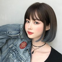 단발 인모 통 반 여자 염색 항암 환자 가발 앞머리 블루 그레이, B. 그레이 퍼플
