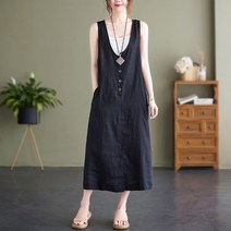라오농 V 넥 드레스 여성의 여름 느슨한 크기 민소매 조끼 스커트 코튼 린넨 드레스 +02Q2TadX