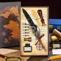 실링왁스세트 골동품 깃털 딥 펜 잉크 세트 왁스 씰링 스탬프 키트 캘리그라피 펜 글자 작가 필기 인감, 09 F-Black