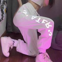 여성 야광 레터링 하이웨이스트 와이드 조거 팬츠 힙합 재즈 댄스 바지 허리 밴딩 20대