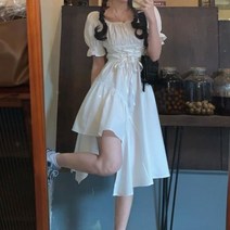 우아한 빈티지 퍼프 슬리브 미디 드레스 여성용 스퀘어 고스 의상 여름