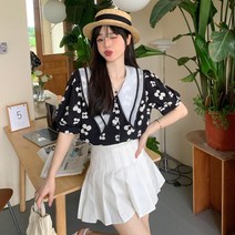 빅사이즈 프렌치 복고 이중 퍼프소매 탑 플라워 프린트 쉬폰 셔츠 여
