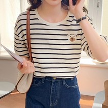 이노뱅크 곰돌이 자수 라운드 스트라이프 반팔티 INO304A