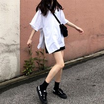 [레티고] 트임 오버핏 롱 무지 티셔츠