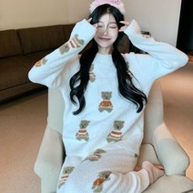 커플잠옷세트 21 겨울 가을 플란넬 곰돌이 여성 실내복 산욕기룩 큐트 털 가운 타입 11 월14 일 발 2822801468, S, 화이트 라운드