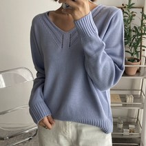 뜨개진 여성용 펀칭 베르네 브이넥 니트