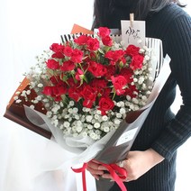 플라로마 미니장미 50송이+안개꽃다발 당일발송가능 기념일선물 부부의날 로즈데이 지정일예약 전국배송, 빨강