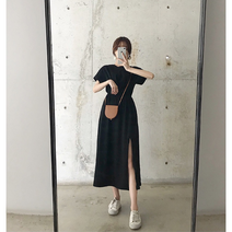 줄리엣이뽀 (당일발송) 심플 베이직한 라운드넥 허리밴딩 앞트임 캐주얼 원피스