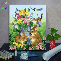 컬러링도안 색깔칠하기 유화그림 강아지 팝아트 그림따라그리기 귀여운 아크릴화 명화칠하기 DIY 유화그리기 캔버스, 두 마리 토끼, 60x75 인테두리 세팅, 아이 콘트라스트 팔레트 (비완제품, 스스로 채워야 한다