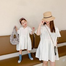 해외피크닉 여름 코튼 여아 반팔 원피스 v넥 a라인 주름 루즈핏 엄마랑딸 커플