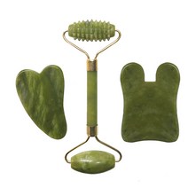 천연 비취 롤러 페이셜 마사지 리얼 스톤 페이스 롤러 Guasha 마사지 보드 세트 Guasha Tool Jade Roller G, 3PCS 세트 B
