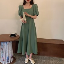 여성용 프렌치 메스 우아한 헵번 스타일의 스퀘어 넥 허리 퍼프 슬리브 미디 드레스 롱 원피스