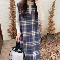 체크 봄 팔뚝커버 벌룬 퍼프소매 루즈핏 롱원피스 레트로 드레스