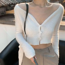 여자 봄 가을 목넓은 보트넥 크롭 니트 미니 가디건