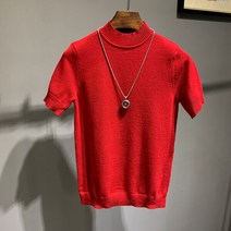 남성 목폴라티 가을 남성 하프 하이 칼라 니트 반팔 슬림 솔리드 컬러 반팔 티셔츠 유행 남성 타이트 미드