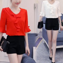 kirahosi 여성 여름 오피스룩 반팔 프릴 블라우스 + 덧신증정 AMw3bxq