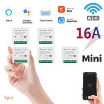 미니 와이파이 스마트 스위치 16a 양방향 제어 타이머 무선 스위치 투야 알렉사 구글 홈과 호환되는 스마트 홈 오토메이션, AC 100-240V, 16A + 2-Gang, 5 pcs