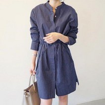 F4297 아우터로 원피스로 골라입자 줄가라 롱남방셔츠