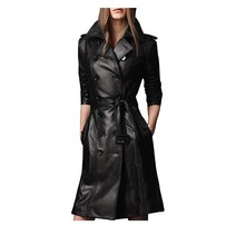 Women Designer Black Trench FAUX Leather Long Coat with Belt Trench Coat Slim Fit Style for Ladies (