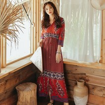 헤링본 여름 에스닉 롱 비치원피스 루즈핏 빅사이즈 브이넥 로브 휴양지 바캉스룩 비치웨어 HE054