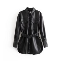여자재킷 덴마크 유명브랜드 해외무역 여성패션 매장 잔여상품 미들롱타입 턴오버카라 셔츠식 벨트 가죽옷 재킷