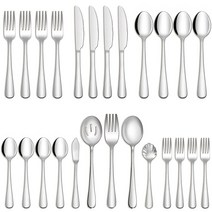 Hiware 25피스 실버웨어 세트 4인용 서빙 기구 포함 가정 및 레스토랑용 식품 등급 스테인리스 스틸 플랫웨어 커틀러리 세트 포크 스푼 나이프 세트 거울 마감 식기세척, Silver_45