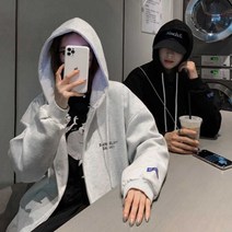 커플 남녀 유니크 스트릿 패션 기모 후드 집업 코디
