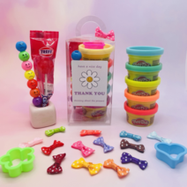 플레이도우 클레이 선물 구디백 어린이집 유치원 생일 답례품 단체 투명상자 단체 행사 포장, 플레이도우5개+찍기틀+트릭시 사탕, 리본장식