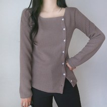 단추 골지 니트 스퀘어넥 스판 긴팔티 티셔츠 쫄티 하객룩 오피스룩 데일리룩