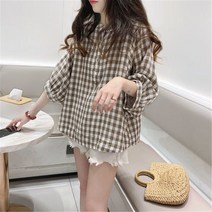 여름 중년 여성 셔츠 라운드넥 7부소매 린넨 풀오버 가오리핏 체크무늬 데일리 남방 빅사이즈 B88