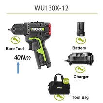 전기드릴 WORX-무선 전기 드릴 WU130X 12V 40Nm 브러시리스 모터 가방 또는 도구 상자 포함 범용 주황색 및 녹색 배터리 팩, 02 WU130X-12