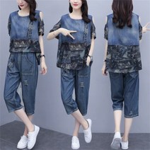 여름 여성 상하세트 데님 반팔 티셔츠 청바지 반바지