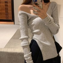 딥 브이넥 사선 트임 골지 티셔츠