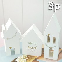 레트로 빈티지 클래식 스탠딩 화이트 우드 하우스 3종 세트 네츄럴 나무 목각 소품