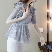 패션고리 여성 라운드넥 레이스 데일리 반팔 블라우스 B58