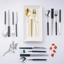 베네쿡 수저세트(숟가락 젓가락) 커트러리 티타늄 골드 실버 고급 포크 나이프, 실버 그린, 수저세트 (숟가락 젓가락), 1개