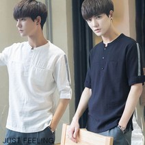 JUST FEEL!NG 7부 소매 편안한 남성셔츠 얇은 와이셔츠 무지 반단추 편안한 라운드넥 데일리룩