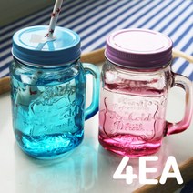 로얄보덴 칼라 메이슨자 드링크자 유리 손잡이 컵 잼병 2P (빨대형+밀폐형) 1+1, 칼라 메이슨자2P (빨대형+밀폐형) 1+1