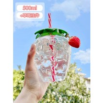 보냉컵 텀블러 리유저블 텀블러 추천 콜드컵 보냉 kawaii 딸기 물 병 with 빨대 creative clear plastic bottle for girl 귀여운 우유 주스, 투명 b, 500ml