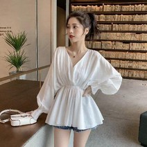 블라우스 여성 순수 복부 솔리드 레저 우아한 모든 경기 대학 주름 디자인 Batwing 슬리브 기능 패션 v목 복고풍
