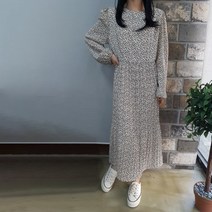 상상그이상 여성용 잔꽃다트주름 플라워 플리츠 라운드넥 허리밴딩 편한 롱원피스 데이트룩